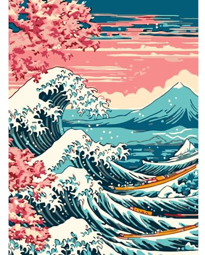 AIRDEA Vagues Peinture Numero Adulte, DIY Kit Activité Manuelle Peinture Acrylique, Mont Fuji Peinture par Numero Adulte avec Pinceaux et Acryliques pour la Décoration Maison 30x40 cm (Pas de Cadre)