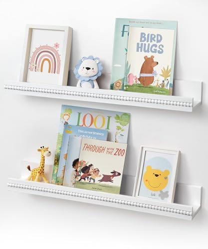Mazjoaru Wandregal Weiß Kinderzimmer Bücherregal 60cm Schweberegal Kinderregal Weiß mit Holzperlen-Design für Organizer Küche Gewürzregal Wand Deko Aufbewahrungsregal für Kinder Bad Wohnzimmer
