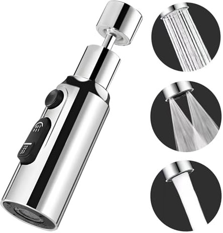 360° Swivel Kitchen Tap Spray Head, 3 Function Adjustable Faucet Extender, Universal Tap Aerator, Replacement Tap Sprayer Adapter Accessories for Kitchen Sink, Bathroom (Silver)