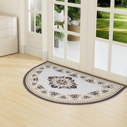 LY4U Half Circle Door Mat Dirt Trapper, Elegant Half Round Front Door Mat Outdoor, Non Slip PVC Floor Mat, Brown 45x75cm