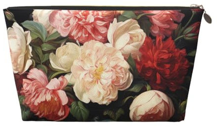 Cosmetic Bag Travel Makeup Bag for Women Large Make Up Bowl with Peonies and Rose Organizer Toiletry Bags Zipper Pouch Purse
