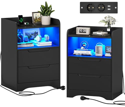 Brinlawb Table de Chevet Lot de 2 avec lumières LED et Multiprise (2 Prises CA, 2 Ports USB) Table de Nuit Lot de 2 avec 1 Compartiment Ouvert et 2 Tiroirs pour Salon, Chambre, Bureau, Moderne, Noir
