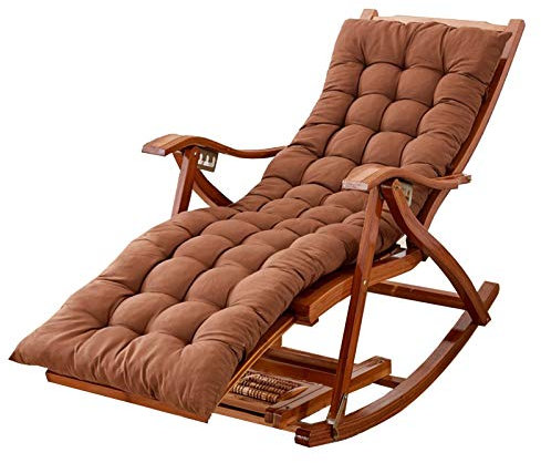 Sedia a dondolo in bambù con imbottitura in cotone e poggiapiedi regolabile, per giardino e piscine all'aperto, portatile e rilassante (marrone)