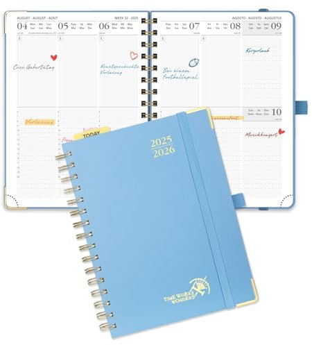 POPRUN Kalender 2025 2026 Buchkalender Ringbuch mit Hardcover, ca. A5 (21,5 x 16 cm), 17-Monate-Terminplaner (Aug.2025-Dez.2026), Wochenplaner 2025 2026 mit Plastiklineal - Dunstblau