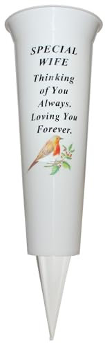 Memorial Grave Flower Pot - 33cm tall Sturdy White Memorial Graveside Flower Vase with Spike and Robin Image (Special Wife 8781)