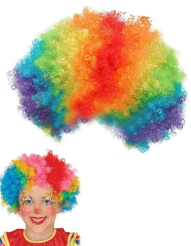 JEXOWIQ Afro Clown Perücke, 70er Jahre Regenbogen Bunt Riesig Funky Disco Clown,Lockenkopf Lockenperücke,Afroperücke,für Halloween Kostümpartys Karnevalshut Party Hüte Kostüm Zubehör Cosplay