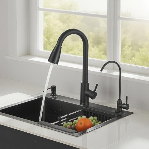 Harnart Evier de Cuisine Acier Inoxydable Evier de Cuisine avec Robinet Extensible Distributeur de Savon Robinet d'eau Pure Panier à Vaisselle 1 pc 55 * 45CM,Noir