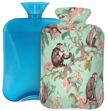 Myfsucce 2L Hot Water Bottle with Cover Monkeys Floral Print - Reusable PVC Hot Water Bag for Pain Relief, Cramps & Warmth (12.2x8in)