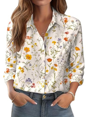 Zeagoo Chemisiers et Blouses Femme Fleurs Longue Élégant Motif Floral Col Montant Chemises Boutonnée sans Repassage Shirts Printemps Été Business Fleurs Jaune Orange XL