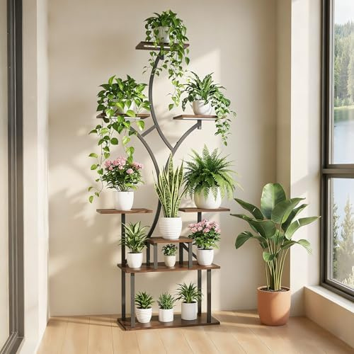BOSYTRO Support Plantes Interieur avec Lampe Horticole, 162 Cm De Haut, Etagere Plante 8 Niveaux, Support à Plante Bois & Métal Pour Salon, Terrasse, Jardin, Balcon, Décoration De La Maison