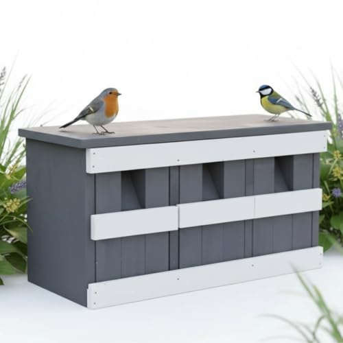Mucola Nistkasten Vogelhaus 3 Nistkammern für Spatzen 44x15,5x21,5 cm Grau | Nisthilfe für Koloniebrüter, Meisen und Sperlinge, Reinigungsklappe je Kammer, Holz, metallverstärkte Halterung