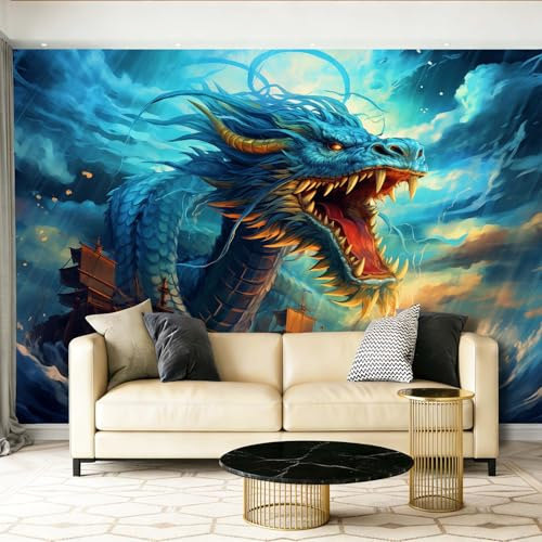 Papier Peint Panoramique Fantastique Dragon Mer Nuages Bleu Papier Peint Intissé Tapisserie Poster Mural Photo Muraux pour Salon Chambre Décoration Murale, 250 x 175 cm