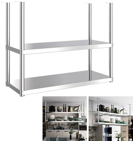 Hamankim 2 Tier Ceiling Mount Shelf, Stainless Steel Racks Kitchen Pot Pan Rack Storage Shelving, Heavy Duty Home Organizer Hanging Shelf for Pantry Restaurant Bar(70x35x80cm)