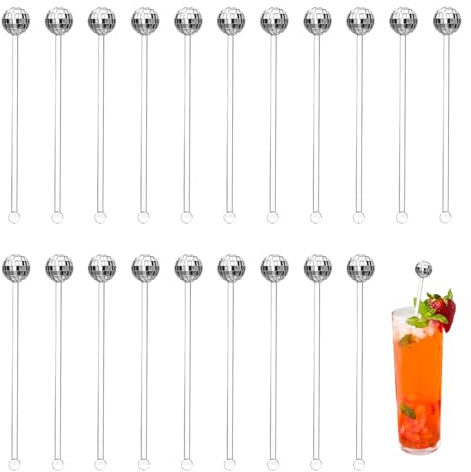 Ragyzity 20pcs Disco Balls Cocktail Stirrer, Silver Disco Light Mirror Ball Straw Decor Reusable Plastic Cocktail Straws, Round Top Swizzle Sticks Cocktail Accessories for Drinks