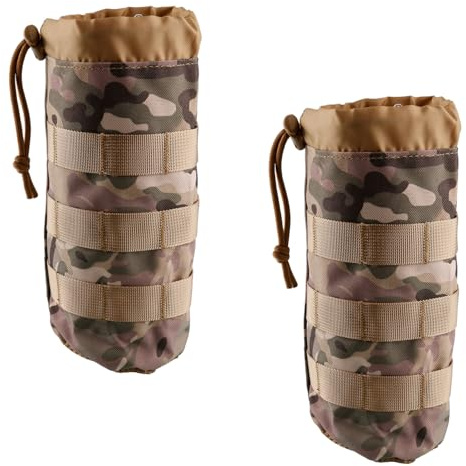 wellrun 2PCS Molle Water Bottle Holder,Tactical Nylon Hydration Pouch for Outdoor,Hiking,Camping,Cycling,Adjustable with Drawstring and Mesh Bottom,Camouflage