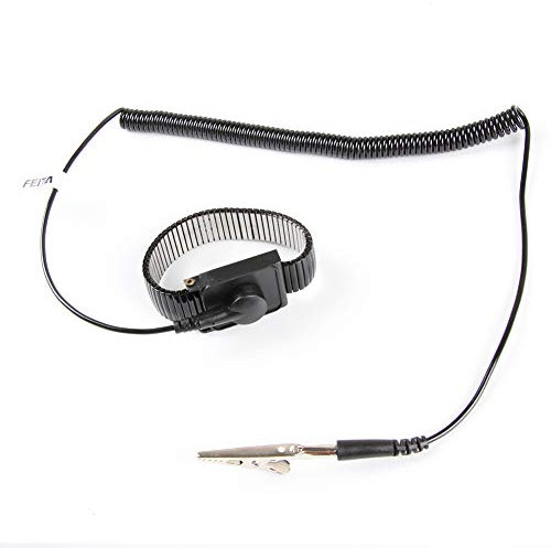 FEITA - Brazalete antiestático de metal ajustable con cable en espiral de 2,4 m, pulsera/muñequera con cable de toma a tierra, , color negro, 1 unidad