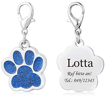 Pfote Hundemarke mit Gravur für Hunde und Katzen Pfotenabdruckmotiv ID-Tags Adressanhänger,Blau