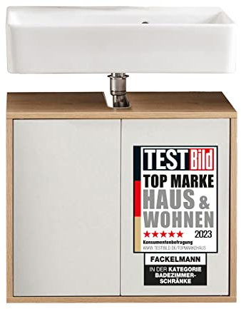 FACKELMANN Finn Badmöbel Set 2 Teile/Waschbecken/Waschbeckenunterschrank mit 2 Türen/Badschrank mit Push-to-Open/Korpus & Front: Weiß/Rahmendekor & Füße: Braun hell/Breite: 60 cm