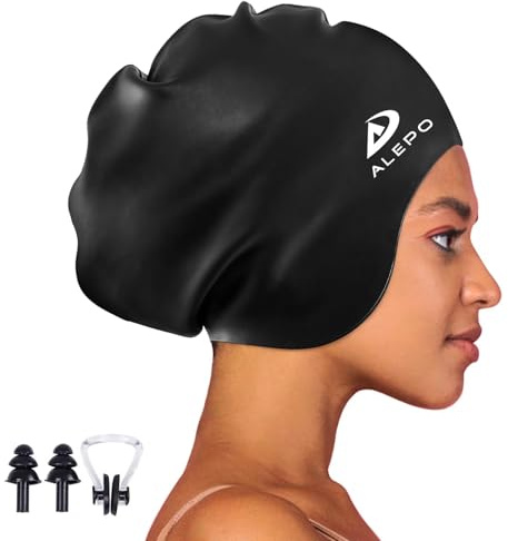 Alepo Extra Large Badekappe Damen Herren, Schwimmkappe Lange Haare Langlebige Silikon mit Ohrschutz, Unisex-Erwachsene Badehaube Bademütze für Dreadlocks Haarverlängerungen Afro Haarwebart