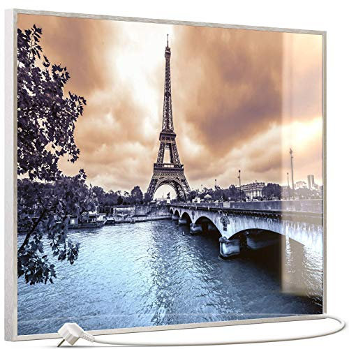 STEINFELD Heizsysteme® Glas Bild Infrarotheizung mit Thermostat | Carbon Heizelement | viele Motive 350-1200 Watt Rahmen silber/alu (500 Watt, 027 Eiffelturm)