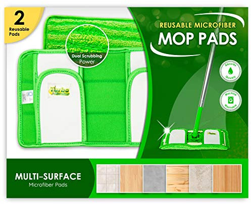 Turbo Microfiber Reusable Floor Cleaning Mop Pads - Compatible with Swiffer Sweeper Mops - Durable & Washable Replacement Refills Fit for 12 Inch Mop Head - Pack of 2