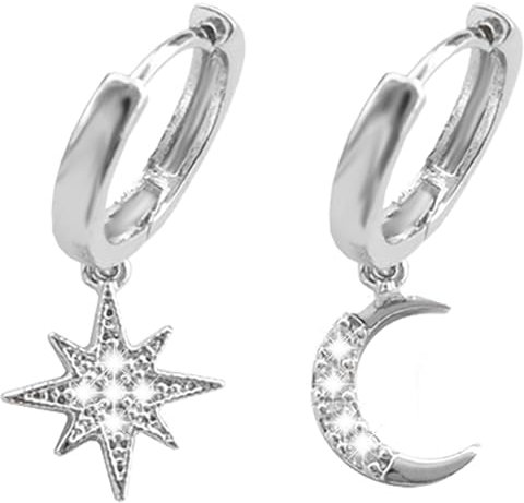 BONNYBIRD® Ohrringe Mond und Stern Silber - Creolen mit Anhänger Asymmetrische Ohrringe Edelstahl Damen Wasserfest Schmuck Frauen Hypoallergen Chirurgenstahl Medizinisch Nickelfrei