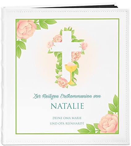 Maverton Fotoalbum zum Selbstgestalten mit Aufdruck - für 240 Fotos 10x15-60 schwarze Seiten - Größe 33x30cm - Weiß - personalisierte Geschenke zur Kommunion für Mädchen und Jungen