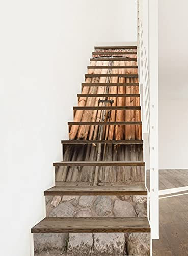A.Monamour Vinilos Adhesivos para Escaleras Puerta De Madera Antigua Pared De Ladrillo De Piedra Arquitectura Antigua Autoadhesivos Pegatinas de Baldosas Pegatinas de Pared 13 Tiras de 1m x 18cm