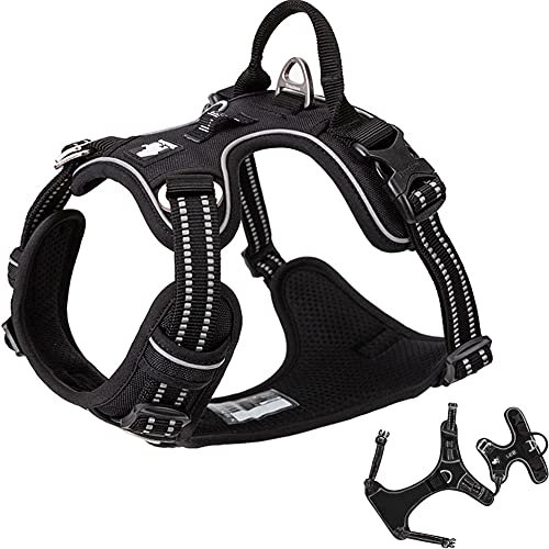 No Pull Hundegeschirr Reflektierende Hundeweste Geschirr mit Griff Vorderclip Neopren Gepolstertes Hundegeschirr für Welpen Mittlere Große Hunde 3 Schnallen Einfach an- und auszuziehen Schwarz L