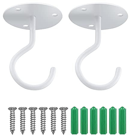 LONGINTO 2 Pieces Ceiling Hook for Hanging Plants, Wall Mount Ceiling Hooks with Screw for Hanging Bird Feeders, Lanterns, Wind Chimes, Planters, Outdoor Decoration Hooks White