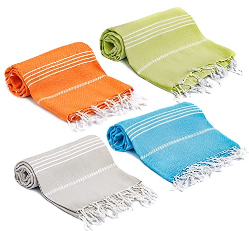 Turquoise Home - Großes türkisches Pestemal Badetuch Hamamtuch Saunatuch XXL Badetuch 100 x 180 cm Sauna Spa Yoga Strand Picnic dünn und leicht (Grau-Türkis-Orange-Grün, 4)