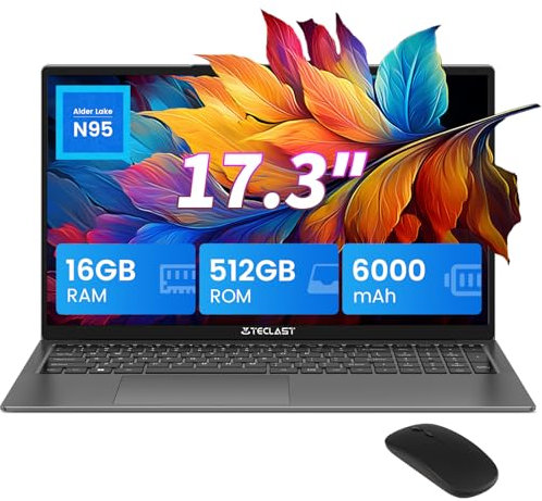 TECLAST PC Portatile 17.3 Pollici, 16GB RAM 512GB SSD Notebook, Intel N95 Computer Portatile, 2.4/5.0G WiFi, BT5, Webcam, Tastiera Backlit, Slot Antifurto per Laptop, Mouse Wireless Incluso