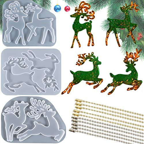 KyeeaDIY 3 Moules Résine Élans de Noël en Silicone avec 20 Chaînes – Moule DIY pour Pendentifs Porte-Clés, Décorations de Noël en Résine Époxy Cadeau Créatif pour Fêtes