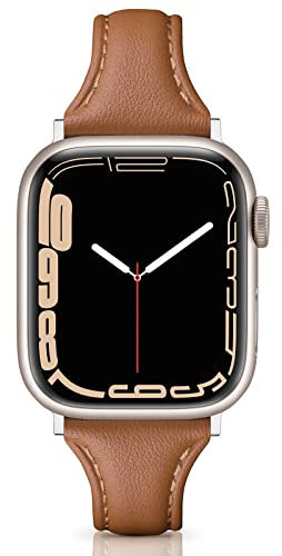Tuocal Genuine Leather Strap Compatible with Apple Watch Straps 38mm 40mm 41mm, Slim Thin Soft Replacement Strap for Apple Watch iWatch Series 8 7 6 5 4 3 2 1 SE Sport Edition Women, Brown