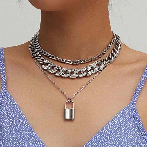 Yienate Multilayer Lock Necklace Choker Sparkling CZ Crystal Chunky Cuban Chain Padlock Pendant Silver Punk Charm Layered Choker Necklace Gift for Women Girls