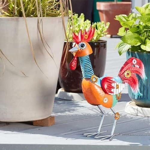 Garden Mile Funky Rooster Metal Garden Standing Ornament Novelty Metal Garden Figurines Hand Painted Sheet Metal Patio Ornaments Decorative Patio