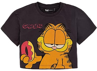 Garfield Cropped T-Shirt for Girls | Kids Teens Doughnut Cartoon Cat Character Short Sleeve Charcoal Crop Top Clothes Merchandise