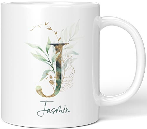 JUNIWORDS Tasse, Jasmin, Name Anfangsbuchstabe Initial Alphabet Floral Buchstabe J Monogramm Motiv, Weiß (5454817)