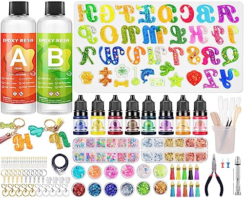 Kit de Epoxi Manualidades Transparente, 218 Piezas con Resina Epoxi - Incluye Molde de Silicona, Pigmentos, Lentejuelas, Pan de Oro. Ideal para Hacer Llaveros y Joyas