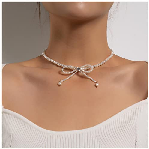 Inateannal Boho Choker Goldbogen Perlenkette Weiße Perlen Hochzeit Perle Kristall Bogen Halskette Schmuck Für Frauen Und Mädchen