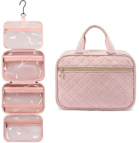 LOVEVOOK Kulturtasche Damen Gross, wasserdichte Kulturbeutel zum Aufhängen, Faltbare Waschtasche Kosmetiktasche Groß mit 360°Drehbare Haken, Waschbeutel Makeup Bag Cosmetic Bag für Damen, Rosa