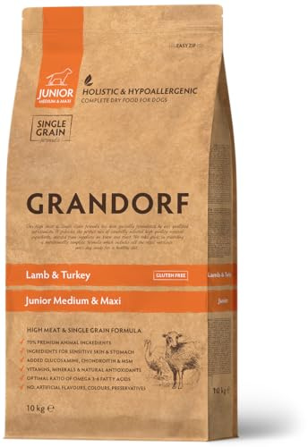 Grandorf Junior - Lamm und Pute - Hypoallergenes Single Grain Hundefutter - Mittelgroße und Große Rassen 10 kg