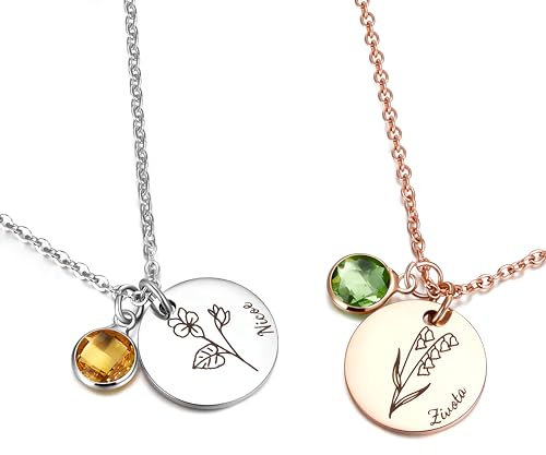 Jaohi Kette mit Gravur Personalisierte,Namenskette mit Geburtstag Blume mit Geburtsstein für Damen,Personalisierte Schmuck Geschenk für sie,Geschenke zum Geburtstag, zu Weihnachten und zum Muttertag