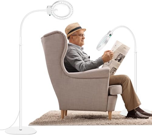 NZQXJXZ 2-in-1 Lupe mit Licht und Ständer, 5X & 10X Vergrößerungslampe mit 36 Einstellbaren Helligkeits-LEDs, Flexible Schwanenhals Boden Stehend Lupenlampe für Enge Arbeit, Handwerk, Lesen