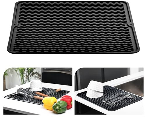 KitchenRaku Dish Drying Mat, Silicone Draining Board Mat, Heat Resistant Dish Draining Mat for Kitchen,Non-Slip Silicone Trivet,Table Mat,Pot Holder,Placemat,Spoon Rest, Coaster (Black, 30x40cm)