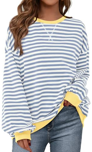 BTFBM Womens Oversized Striped Sweatshirt 2026 Spring Crewneck Long Sleeve Pullover Top Casual Y2K Clothes Workout Shirt(Blue Beige White, Medium)