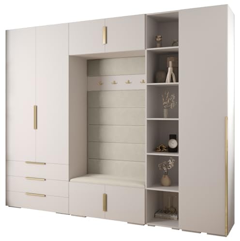 MEBLE KRYSPOL Inova 1 Möbelset - Moderne Garderobe - für Schlafzimmer, Wohnzimmer, Flur, Kinderzimmer - Ankleidemöbel - 236,7x290x47cm - Weiß, Paneele Manila 02, Handgriff Gold
