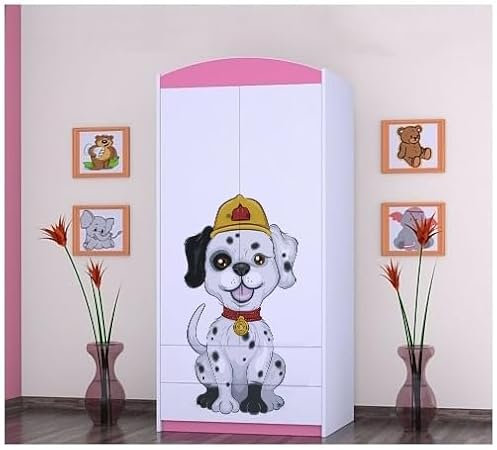 BDW - Kinder Kleiderschrank - Kinderschrank Super Hunde Motiv - Aufbewahrungsschrank für Jugendzimmer, Kinderzimmer - Drucke aus sicheren Farben - 187x88x54cm - Rosa - Zwei Hunde