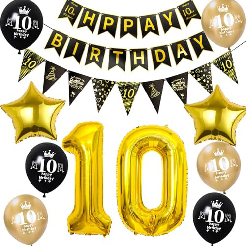 Luftballon 10. Geburtstag Dekoration Junge Mädchen Schwarz Gold 10 Geburtstag Junge Party Deko geburtstagsdeko 10 jahre Mädchen 10 Banner Wimpelkette 10 Dekoration