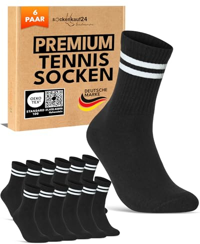 sockenkauf24 Herren Tennissocken (6 Paar) Sportsocken mit verstärkter Ferse & Fußspitze, gepolsterte Sohle Baumwolle Atmungsaktive Retro Crew Socken